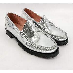 J.Crew Winona Lug Sole Penny Loafers Metallic Leather Shoes Women Size 8 Silver